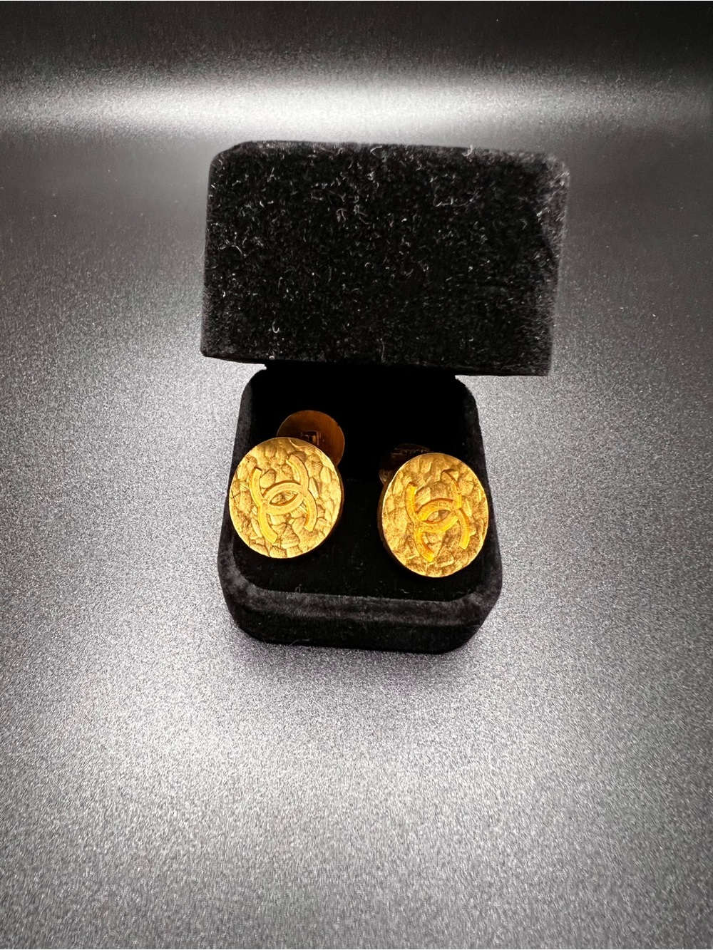 CHANEL Gold Textured Round Logo Cufflinks